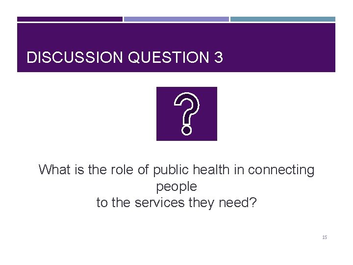 DISCUSSION QUESTION 3 What is the role of public health in connecting people to