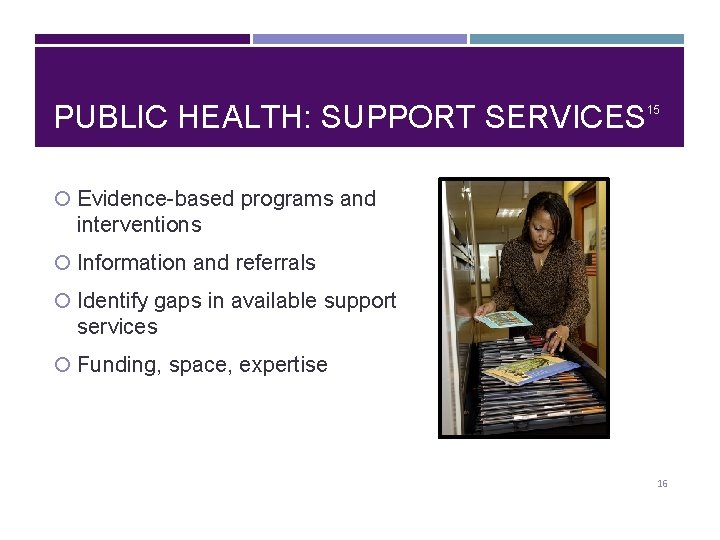 PUBLIC HEALTH: SUPPORT SERVICES 15 Evidence-based programs and interventions Information and referrals Identify gaps
