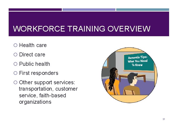 WORKFORCE TRAINING OVERVIEW Health care Direct care Public health First responders Other support services: