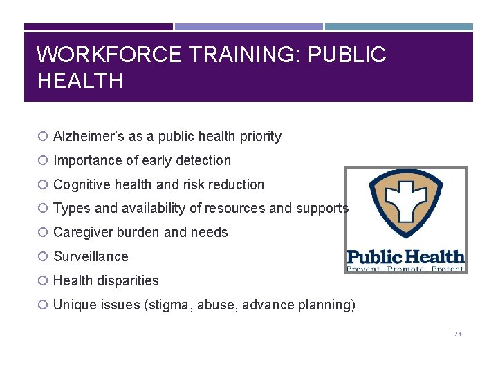 WORKFORCE TRAINING: PUBLIC HEALTH Alzheimer’s as a public health priority Importance of early detection