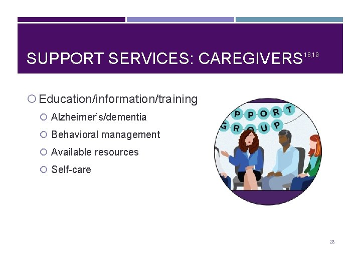 SUPPORT SERVICES: CAREGIVERS 18, 19 Education/information/training Alzheimer’s/dementia Behavioral management Available resources Self-care 28 