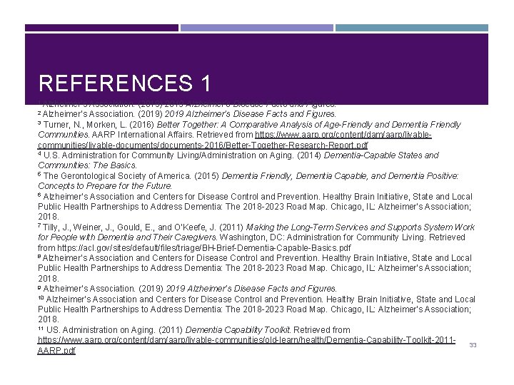 REFERENCES 1 1 Alzheimer’s Association. (2019) 2019 Alzheimer’s Disease Facts and Figures. 3 Turner,