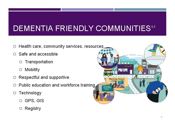 DEMENTIA FRIENDLY COMMUNITIES 4, 5 Health care, community services, resources Safe and accessible Transportation