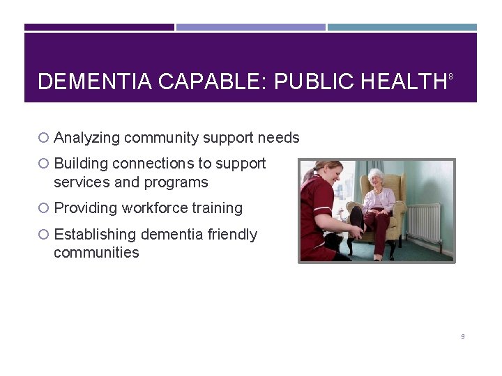 DEMENTIA CAPABLE: PUBLIC HEALTH 8 Analyzing community support needs Building connections to support services