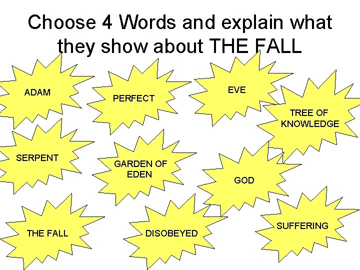 Choose 4 Words and explain what they show about THE FALL ADAM PERFECT EVE