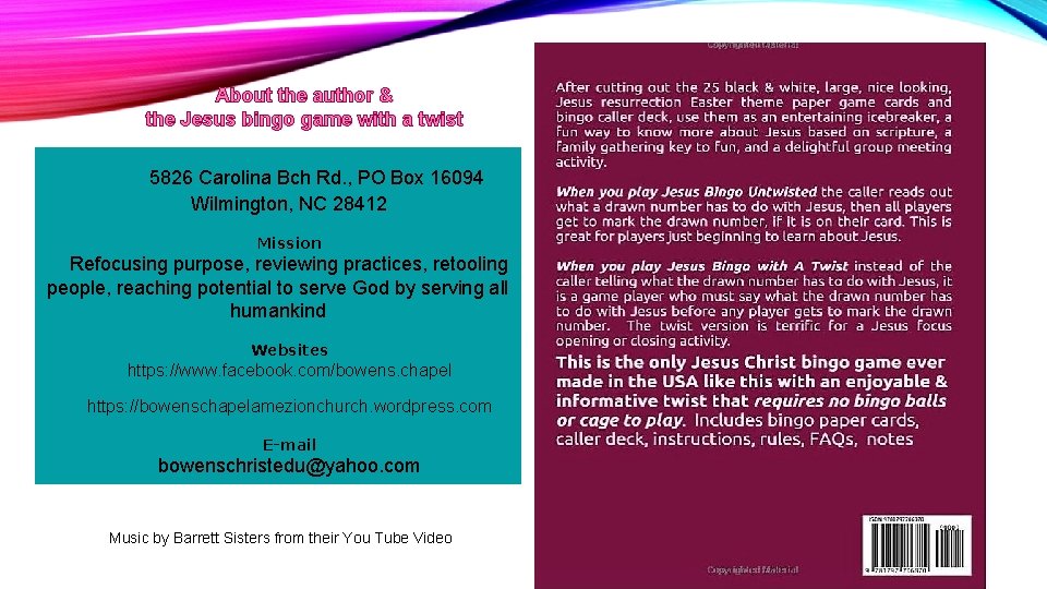 About the author & the Jesus bingo game with a twist 5826 Carolina Bch