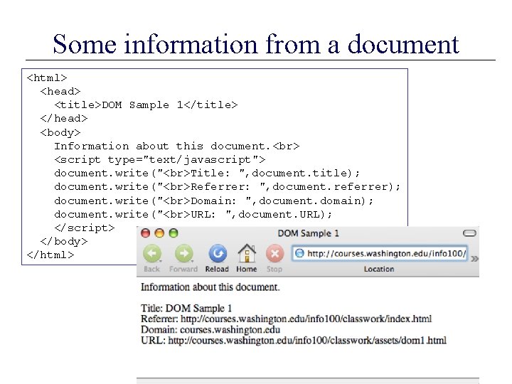 Some information from a document <html> <head> <title>DOM Sample 1</title> </head> <body> Information about