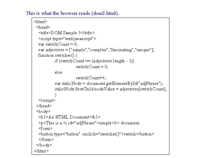 This is what the browser reads (dom 3. html). <html> <head> <title>DOM Sample 3</title>