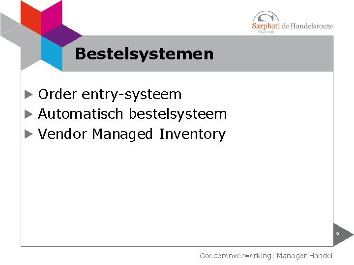 Bestelsystemen Order entry-systeem Automatisch bestelsysteem Vendor Managed Inventory 9 Goederenverwerking| Manager Handel 