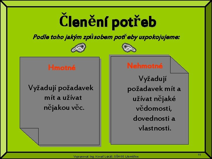 Členění potřeb Podle toho jakým způsobem potřeby uspokojujeme: Hmotné Vyžadují požadavek mít a užívat