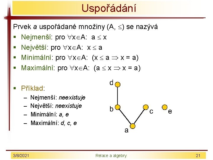 Uspořádání Prvek a uspořádané množiny (A, ) se nazývá § Nejmenší: pro x A: