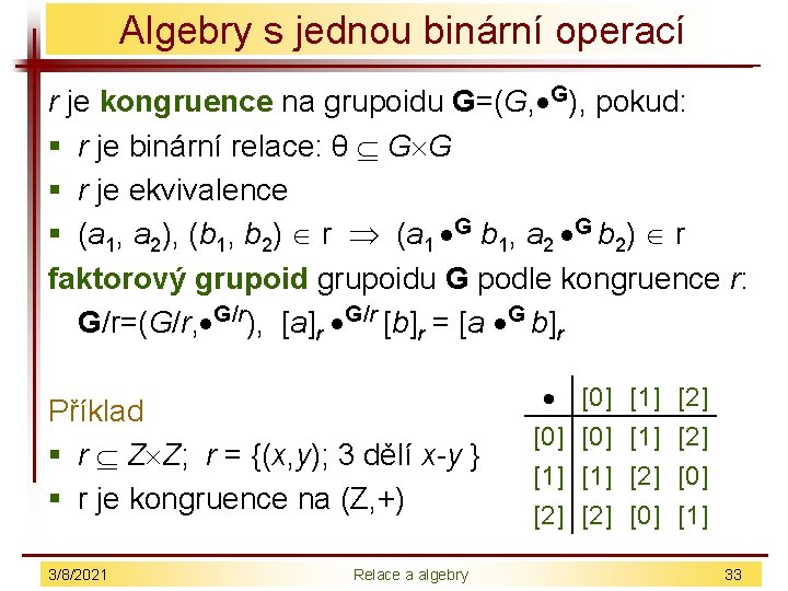 Algebry s jednou binární operací r je kongruence na grupoidu G=(G, G), pokud: §