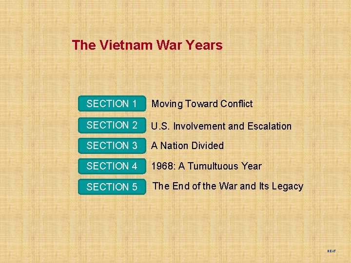 The Vietnam War Years SECTION 1 Moving Toward Conflict SECTION 2 U. S. Involvement