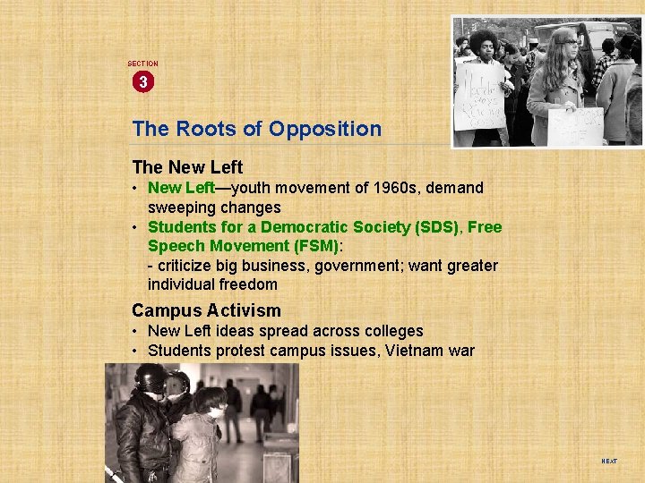 SECTION 3 The Roots of Opposition The New Left • New Left—youth movement of