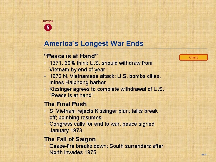 SECTION 5 America’s Longest War Ends “Peace is at Hand” Chart • 1971, 60%