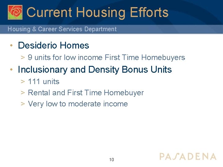 Current Housing Efforts Housing & Career Services Department • Desiderio Homes > 9 units
