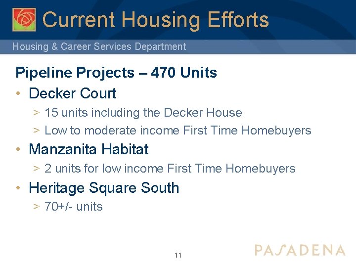 Current Housing Efforts Housing & Career Services Department Pipeline Projects – 470 Units •