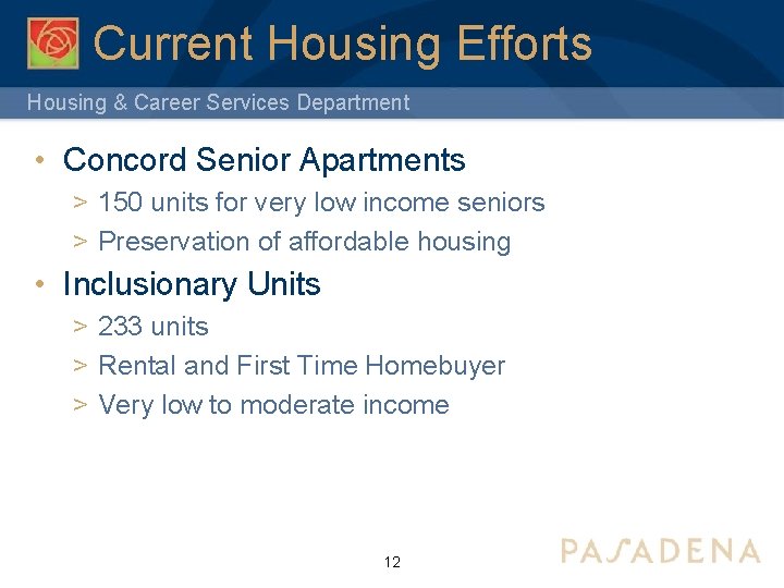 Current Housing Efforts Housing & Career Services Department • Concord Senior Apartments > 150