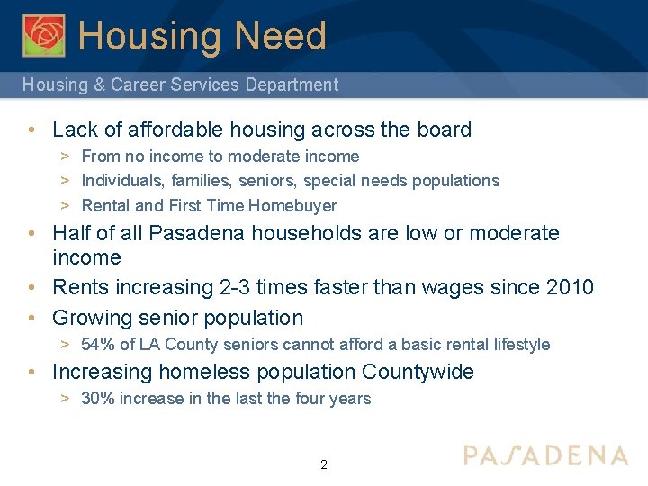 Housing Need Housing & Career Services Department • Lack of affordable housing across the