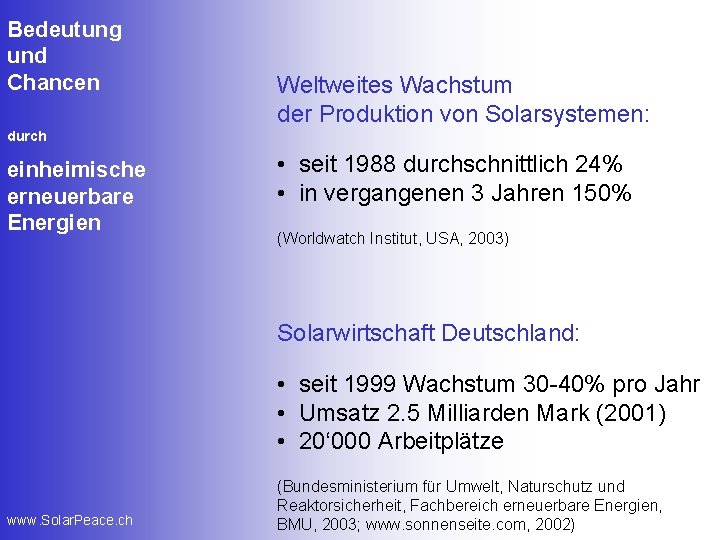 Bedeutung und Chancen Weltweites Wachstum der Produktion von Solarsystemen: durch einheimische erneuerbare Energien •