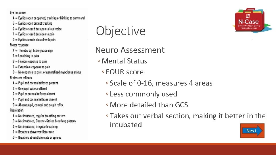 Objective Neuro Assessment ◦ Mental Status ◦ FOUR score ◦ Scale of 0 -16,