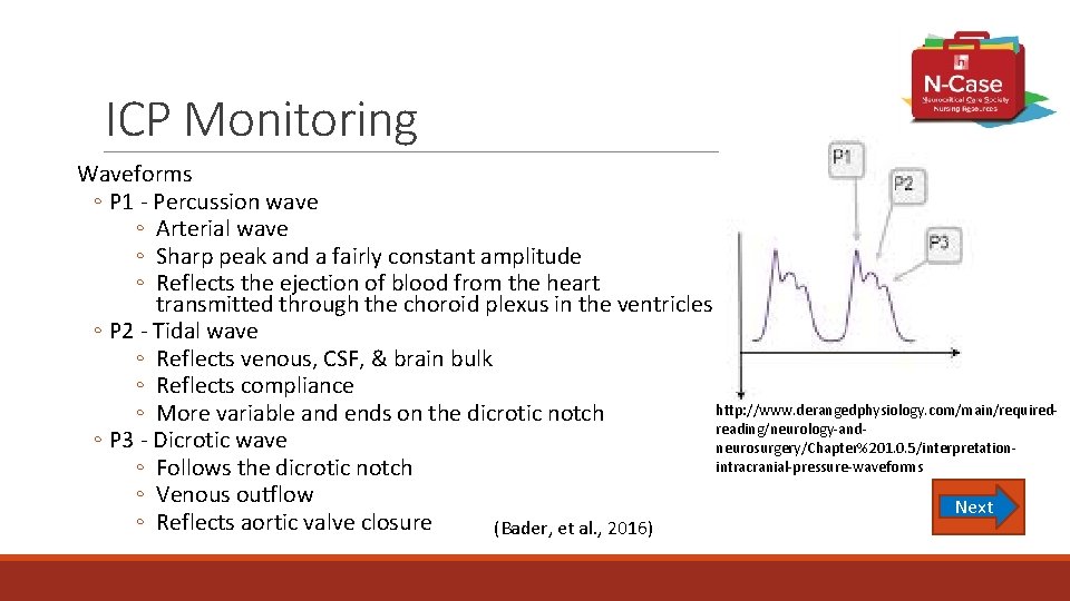 ICP Monitoring Waveforms ◦ P 1 - Percussion wave ◦ Arterial wave ◦ Sharp