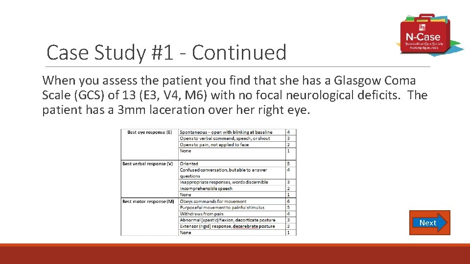 Case Study #1 - Continued When you assess the patient you find that she