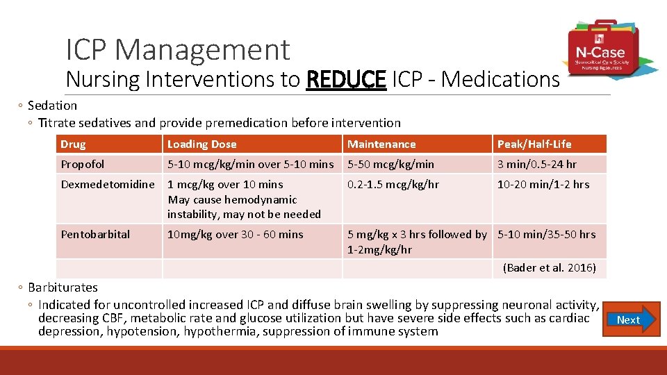 ICP Management Nursing Interventions to REDUCE ICP - Medications ◦ Sedation ◦ Titrate sedatives