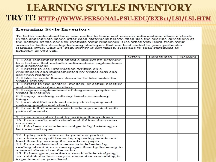 LEARNING STYLES INVENTORY TRY IT! HTTP: //WWW. PERSONAL. PSU. EDU/BXB 11/LSI. HTM 