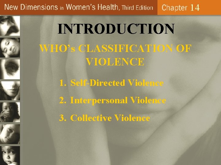 14 INTRODUCTION WHO’s CLASSIFICATION OF VIOLENCE 1. Self-Directed Violence 2. Interpersonal Violence 3. Collective