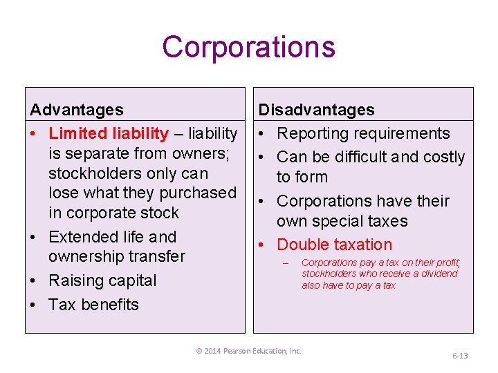 Corporations Advantages • Limited liability – liability is separate from owners; stockholders only can