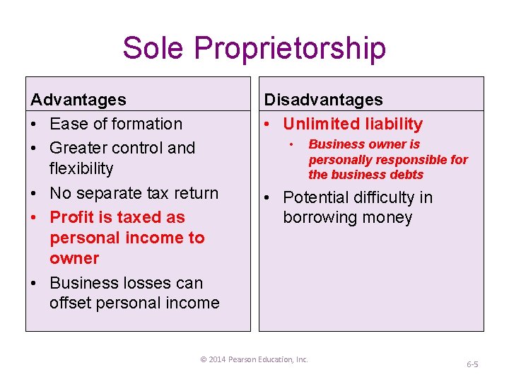 Sole Proprietorship Advantages _____ __ • Ease of _____ formation ______ control _______ •