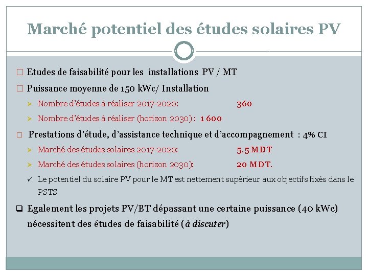 Marché potentiel des études solaires PV � Etudes de faisabilité pour les installations PV
