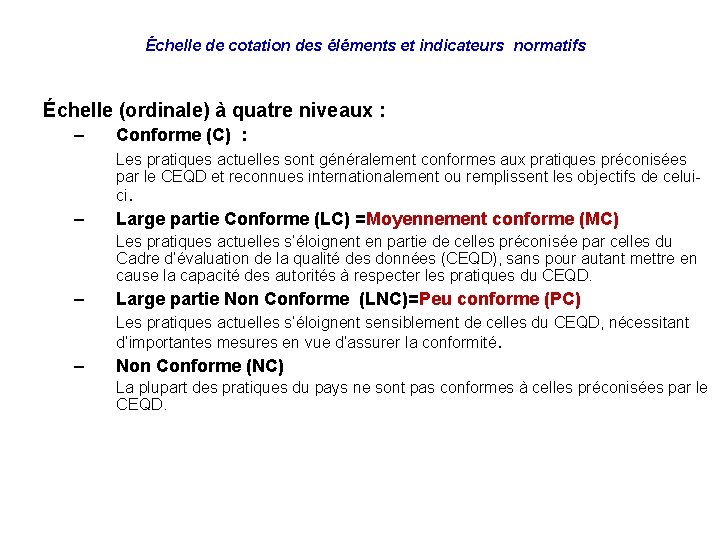  Échelle de cotation des éléments et indicateurs normatifs Échelle (ordinale) à quatre niveaux