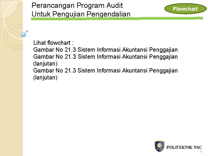 Perancangan Program Audit Untuk Pengujian Pengendalian Flowchart Lihat flowchart : Gambar No 21. 3