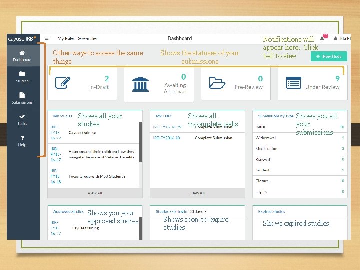 Other ways to access the same things Shows all your studies Shows your approved