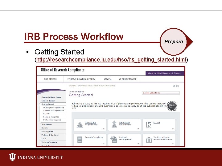 IRB Process Workflow Prepare • Getting Started (http: //researchcompliance. iu. edu/hso/hs_getting_started. html) 