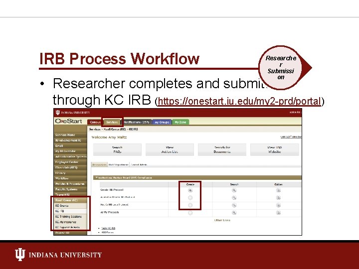 IRB Process Workflow Researche r Submissi on • Researcher completes and submits through KC