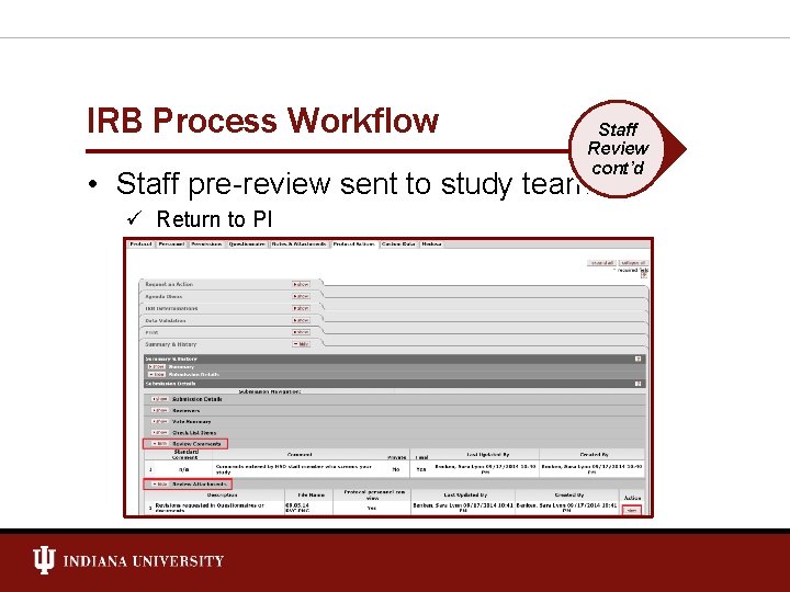 IRB Process Workflow Staff Review cont’d • Staff pre-review sent to study team ü