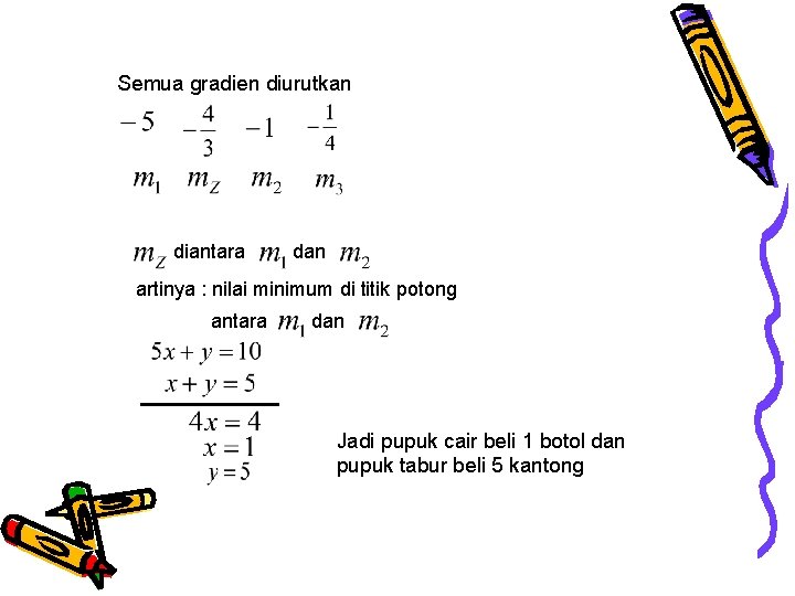 Semua gradien diurutkan diantara dan artinya : nilai minimum di titik potong antara dan