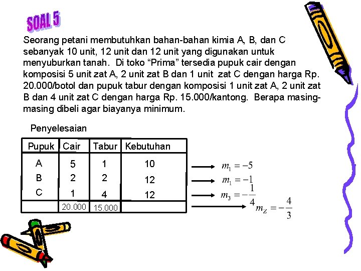 Seorang petani membutuhkan bahan-bahan kimia A, B, dan C sebanyak 10 unit, 12 unit