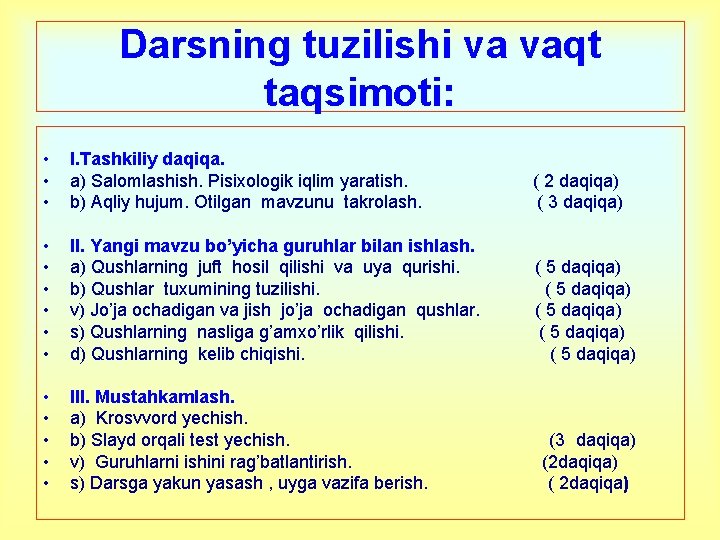 Darsning tuzilishi va vaqt taqsimoti: • • • I. Tashkiliy daqiqa. a) Salomlashish. Pisixologik