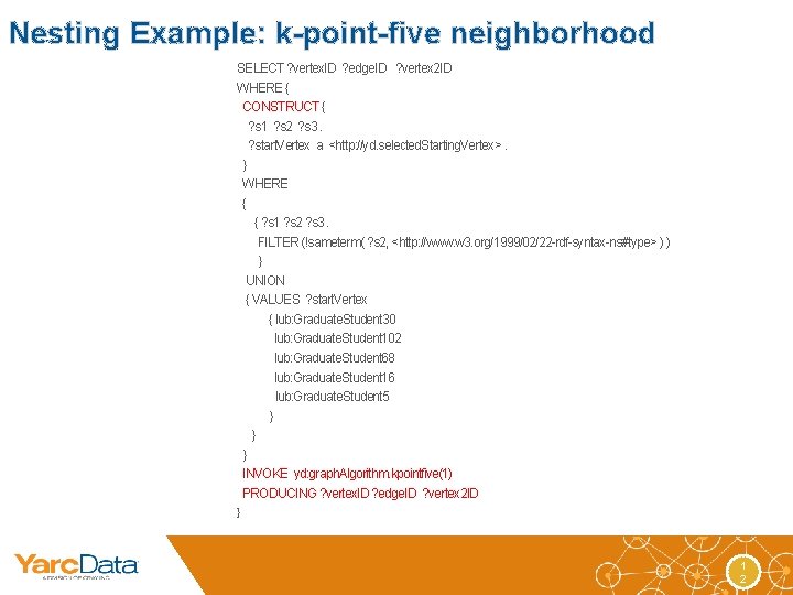 Nesting Example: k-point-five neighborhood SELECT ? vertex. ID ? edge. ID ? vertex 2