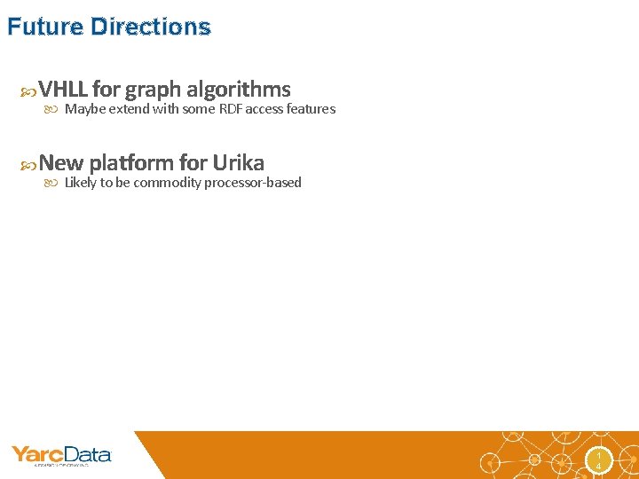 Future Directions VHLL for graph algorithms Maybe extend with some RDF access features New