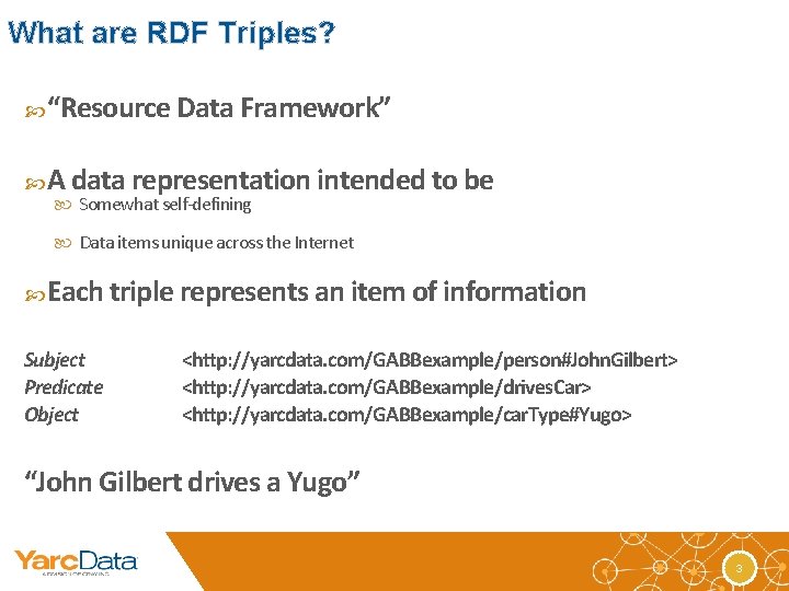What are RDF Triples? “Resource Data Framework” A data representation intended to be Somewhat