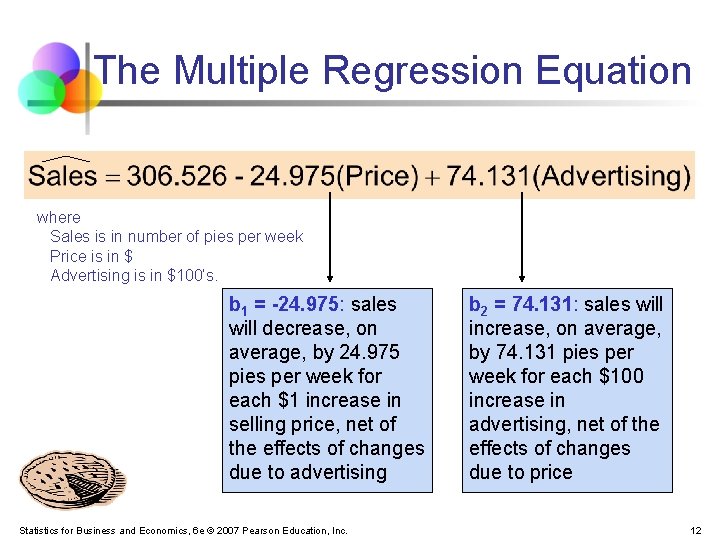 The Multiple Regression Equation where Sales is in number of pies per week Price