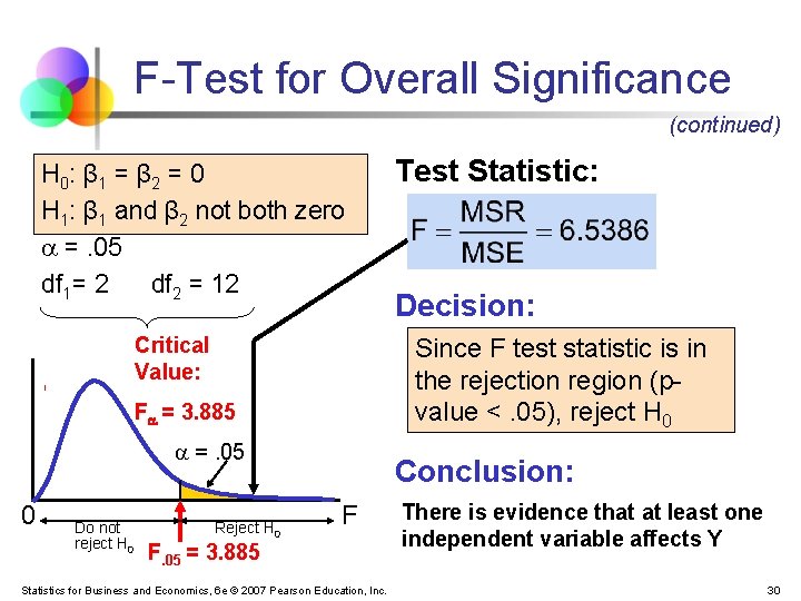 F-Test for Overall Significance (continued) H 0: β 1 = β 2 = 0