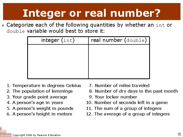 Integer or real number? n Categorize each of the following quantities by whether an