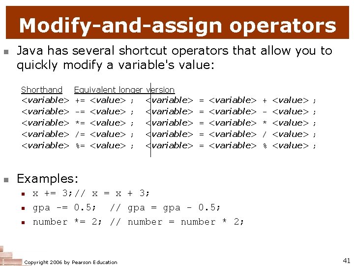 Modify-and-assign operators n Java has several shortcut operators that allow you to quickly modify
