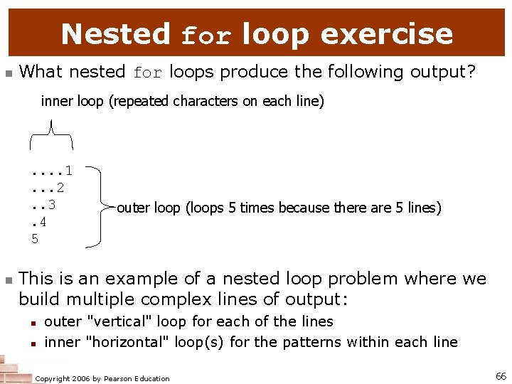 Nested for loop exercise n What nested for loops produce the following output? inner